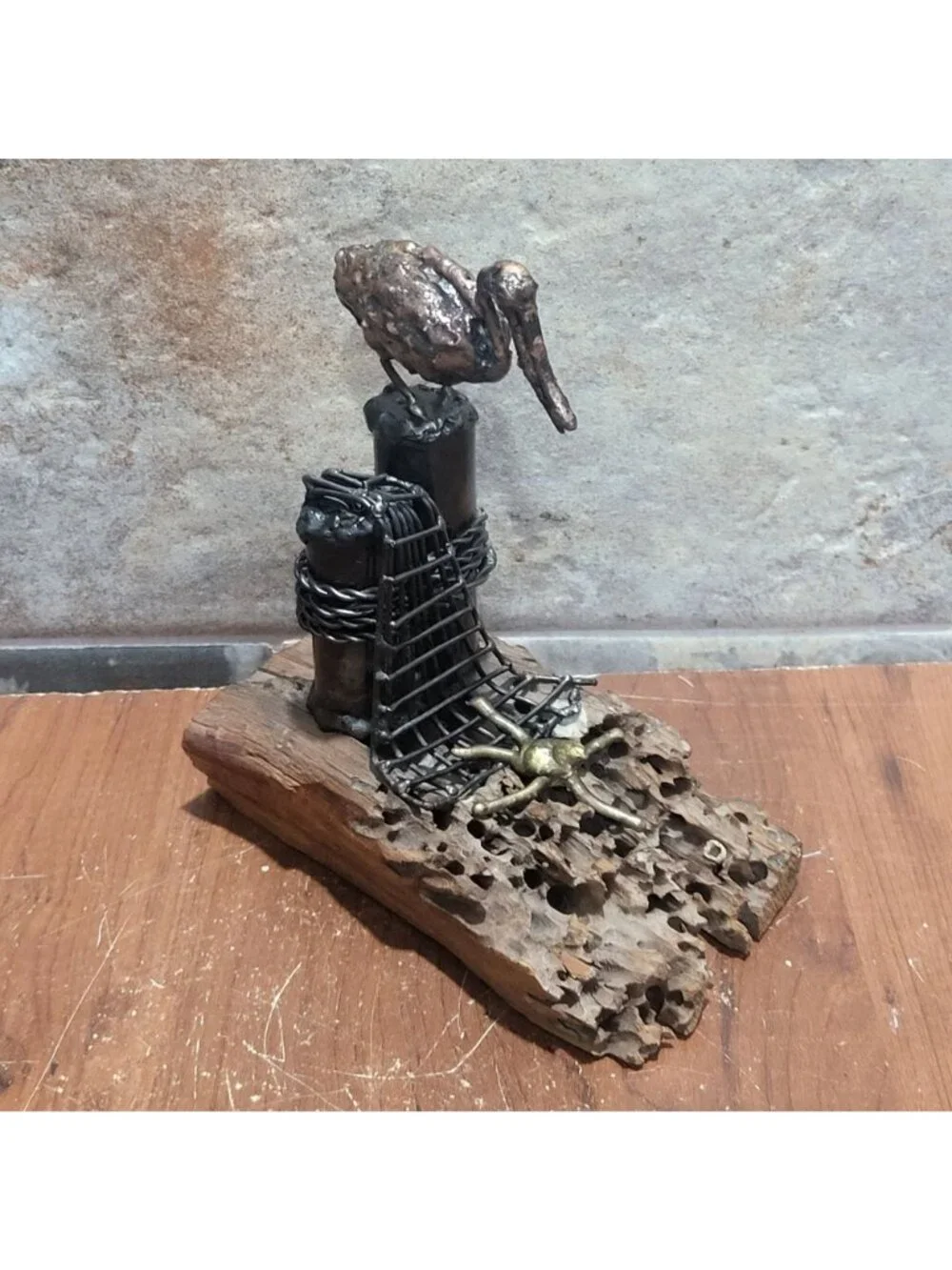 Handcrafted Metal Bird Sculpture Heron Stork Driftwood Base Coastal Maritime Dec